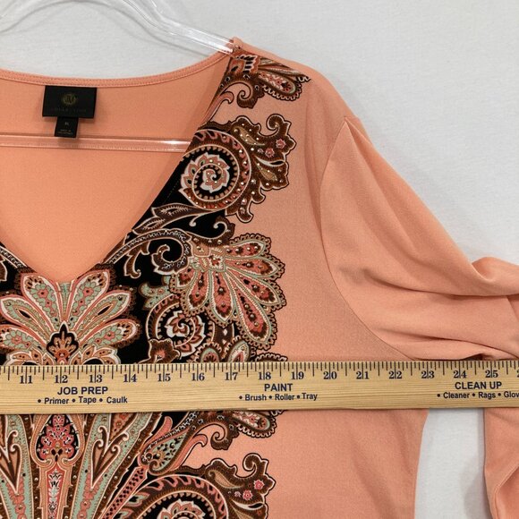 JM Collection size XL Orange Multi Color Abstract V neck Stretch Knit Tunic - Picture 6 of 10